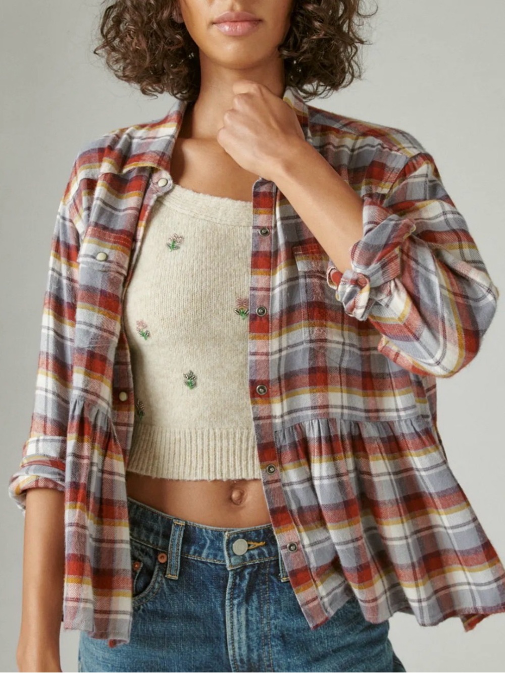 Lucky Brand Plaid Western Babydoll Top Size Small Button Down Long Sleeve High